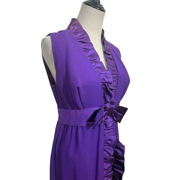 Vtg 70s Purple Ruffle Maxi Dress High Slit Hot Shorts Disco Formal 30" W Event - Picture 6 of 10